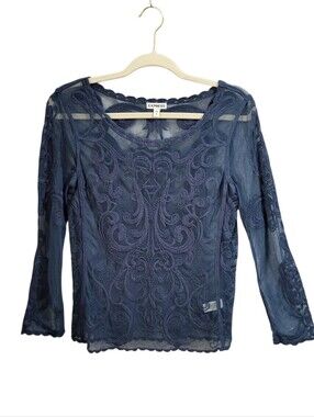 Express Top S Blue Sheer Mesh Lace Heavy Embroidery Floral Scroll Fairy Grunge
